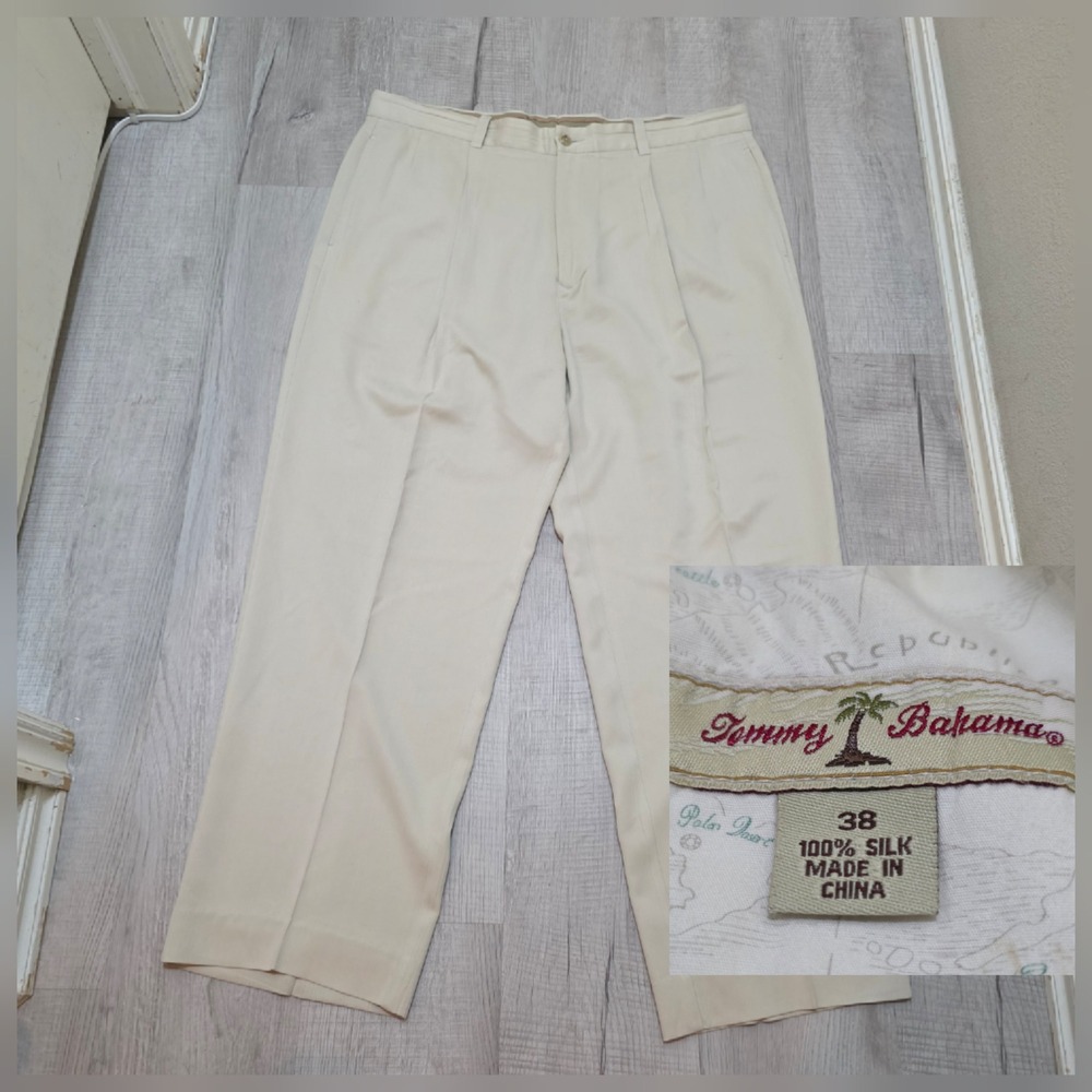 Tommy Bahama Mens 38 100% Silk Pleated Dress Pants Beige Herringbone Trousers